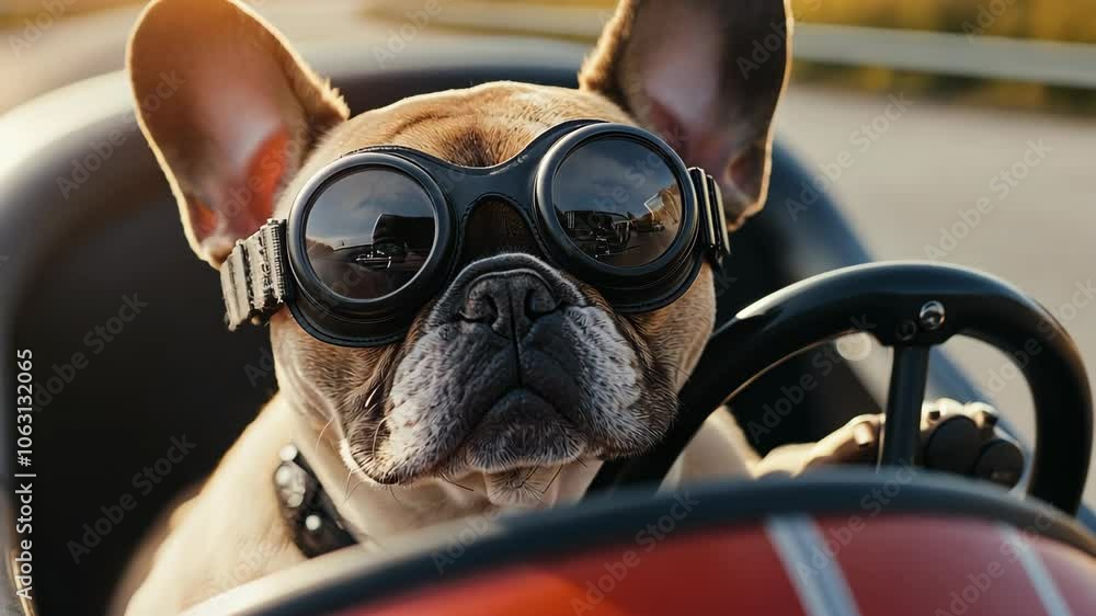 A French bulldog wearing goggles drives a red go-kart