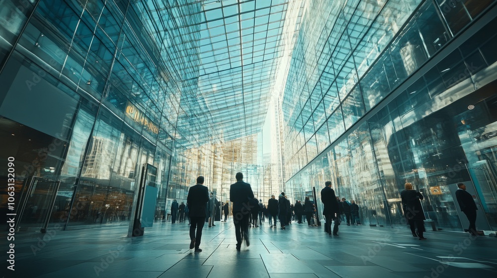 Wide-angle view of a glass-covered office tower, surrounded by modern infrastructure and people walking around. Wide-angle view of a glass-covered office tower, surrounded by modern infrastructure and people walking around.