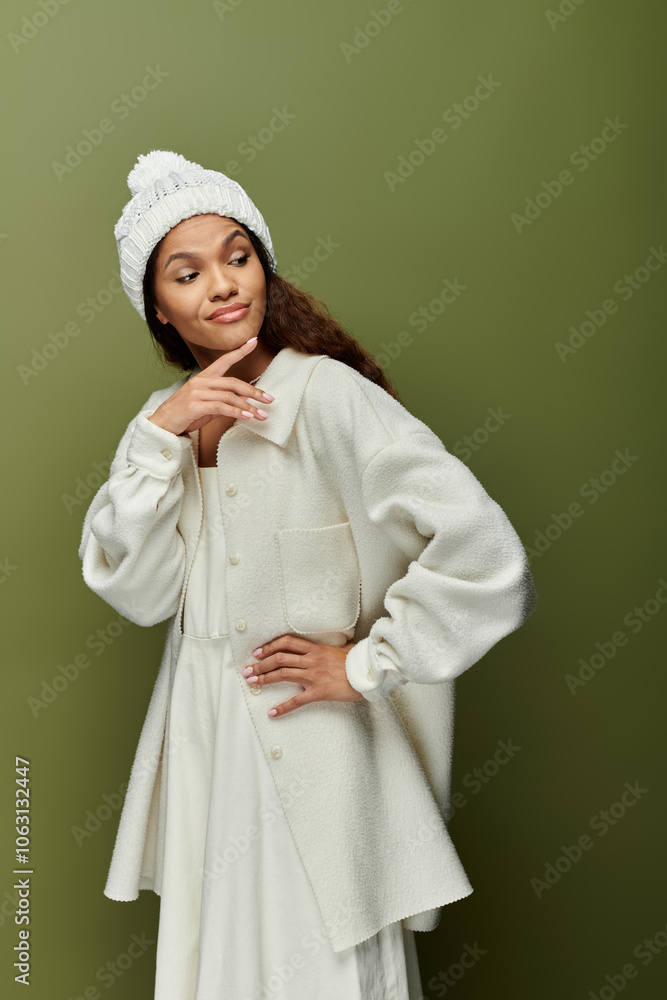 A graceful woman showcases her stylish outfit while posing against a calming green background. A graceful woman showcases her stylish outfit while posing against a calming green background.