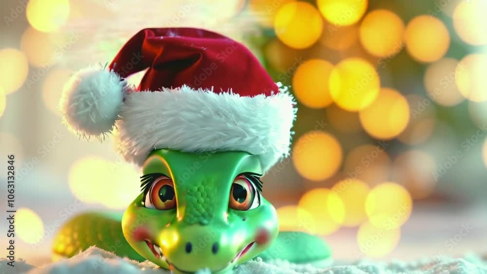 Smiling 3D cartoon snake animation with a Santa hat, set against a festive bokeh backdrop. An ideal choice for 2025 Christmas card illustration ideas Smiling 3D cartoon snake animation with a Santa hat, set against a festive bokeh backdrop. An ideal choice for 2025 Christmas card illustration ideas