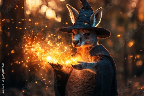 An imaginative kangaroo in a dark wizard cloak skillfully casts a glowing spell, immersing us into a magical world filled with wonder and enchanting mystery. photo