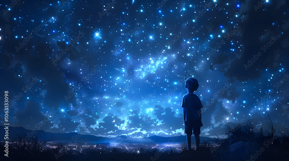illustration of a boy looking at night starry sky with glitter glow galaxy flicker above, idea for prayer of hope, love, peace theme illustration of a boy looking at night starry sky with glitter glow galaxy flicker above, idea for prayer of hope, love, peace theme