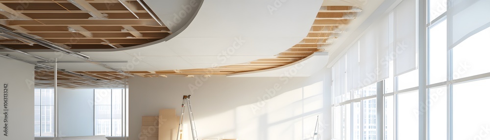 Obraz premium Curved Ceiling in an Unfinished Room with Windows and a Ladder