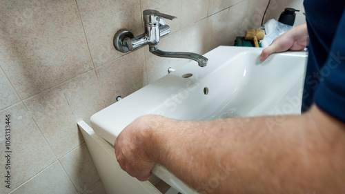 Fotografie A person installing a white bathroom sink symbolizes home improvement and plumbi