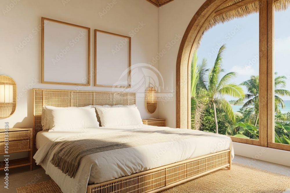 Photo of bedroom interior, bed with bedspread and white posters on the wall, photo mockup Photo of bedroom interior, bed with bedspread and white posters on the wall, photo mockup