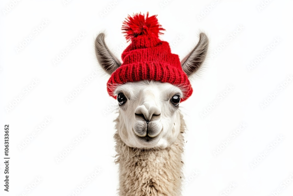 Obraz premium This stylish llama sports a red beanie, adding to its charm and character, perfectly centered against a minimalist white background for visual appeal.