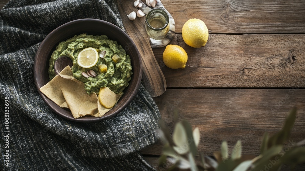 Top view of guacamole in a rustic bowl with fresh lemon and garlic, warm wooden table background. Top view of guacamole in a rustic bowl with fresh lemon and garlic, warm wooden table background.