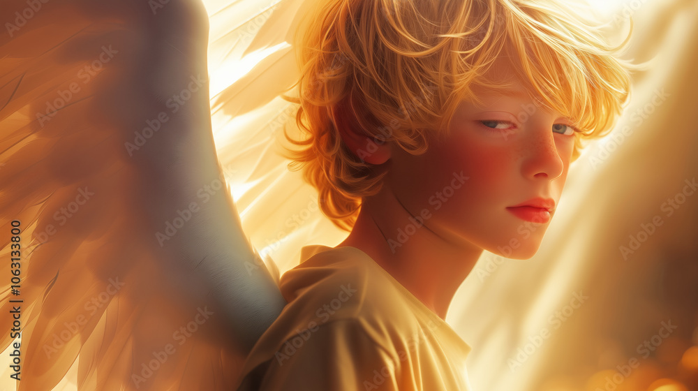 A serene young boy with angelic wings gazes thoughtfully into the distance during golden hour A serene young boy with angelic wings gazes thoughtfully into the distance during golden hour