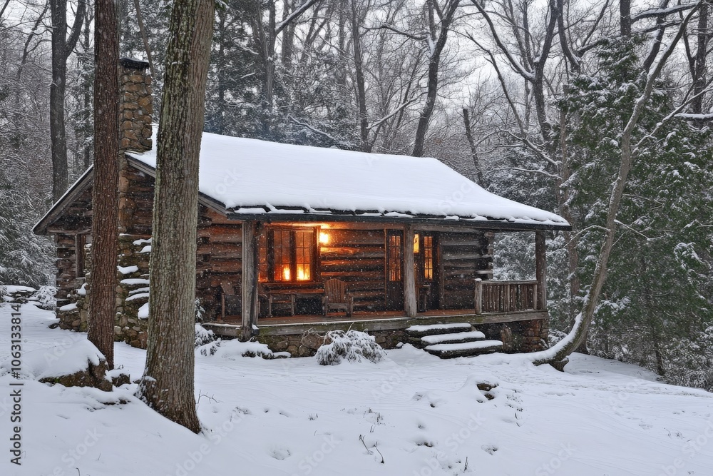 A charming log cabin nestled among snow-laden trees, illuminated by the glow from inside, creating a delightful winter scene of solitude, comfort, and natural beauty. A charming log cabin nestled among snow-laden trees, illuminated by the glow from inside, creating a delightful winter scene of solitude, comfort, and natural beauty.