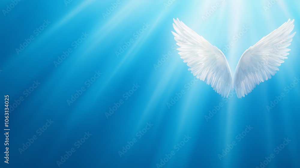Ethereal white wings emerge from a luminous blue background in a serene, heavenly setting Ethereal white wings emerge from a luminous blue background in a serene, heavenly setting