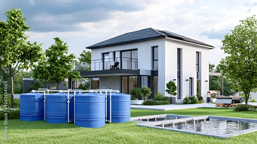 Modern home with swimming pool and water tanks in the backyard. Modern home with swimming pool and water tanks in the backyard.