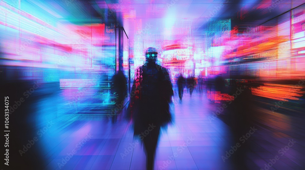 Cyberpunk figure in neon city Cyberpunk figure in neon city