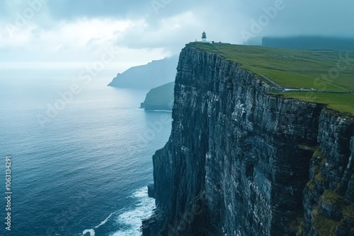 These towering cliffs stand impressively against the expansive ocean backdrop, with a lighthouse perched atop, showcasing the raw beauty of nature. photo