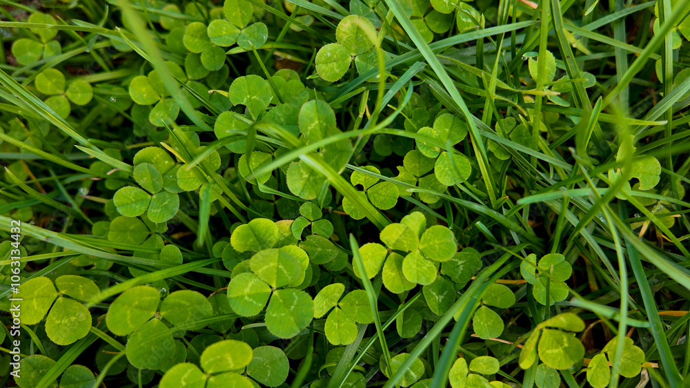 Fototapeta premium Vibrant green clovers nestled in lush grass symbolize luck and prosperity, ideal for St Patrick's Day celebrations