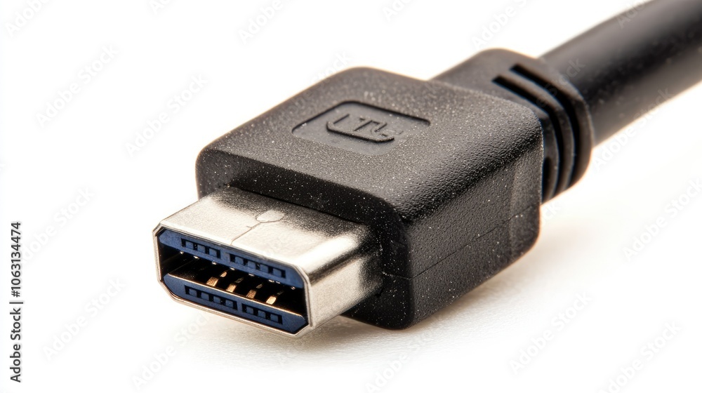 USB cable head, close-up and isolated against white, showing plug detail USB cable head, close-up and isolated against white, showing plug detail