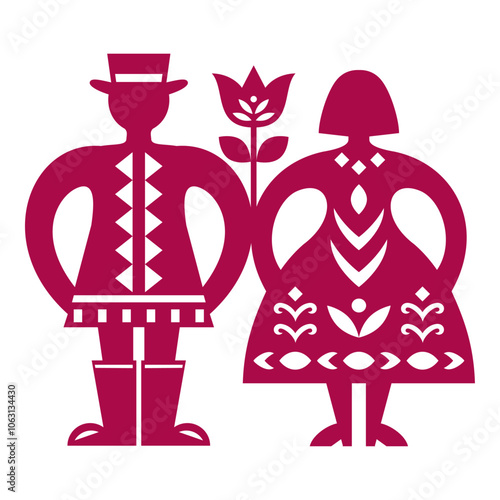 Couple design - man and woman Polish folk art style. Kurpiowskie Leluje Wycinanki - Kurpie paper cut outs pattern for Valentine's Day greeting card or wedding inviation. Non AI-generated
