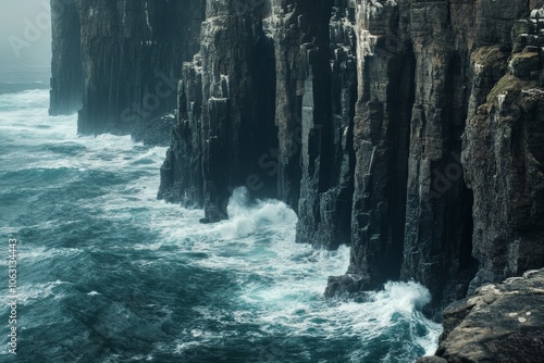 Sheer black rock cliffs rise starkly against turbulent waves, showcasing the untamed beauty and raw energy of the natural world in a mesmerizing coastal scene. photo