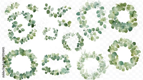 Collection of watercolor green eucalyptus wreaths and frames on white background with white borders, ideal for easy sticker-making. This set features delicate foliage in a natural style