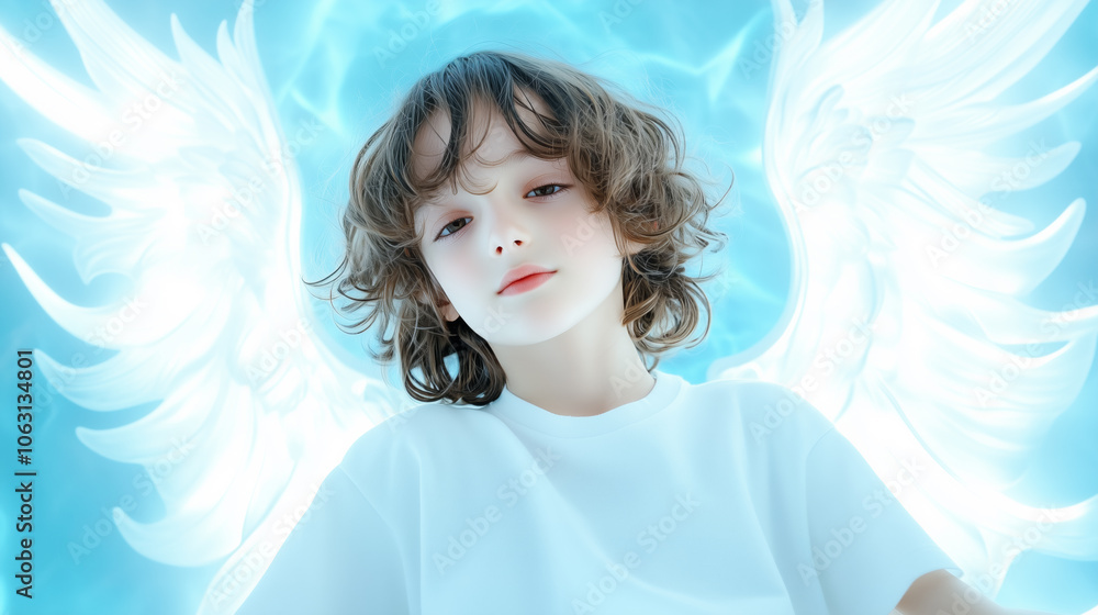 Fototapeta premium A child with angelic wings floating serenely in a turquoise pool on a sunny summer day