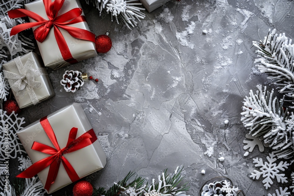 Christmas Gift Boxes with Red and Silver Ribbon on a Grey Background Christmas Gift Boxes with Red and Silver Ribbon on a Grey Background
