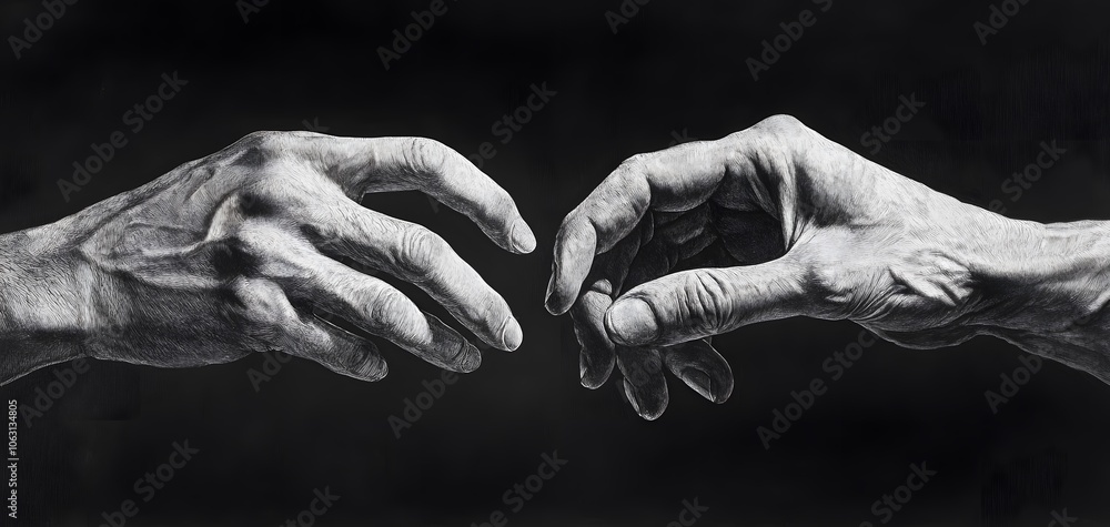 Fototapeta premium A captivating monochrome image of two hands reaching towards each other, symbolizing connection and human interaction.