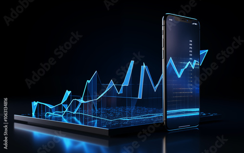 Futuristic smartphone with holographic financial graphs