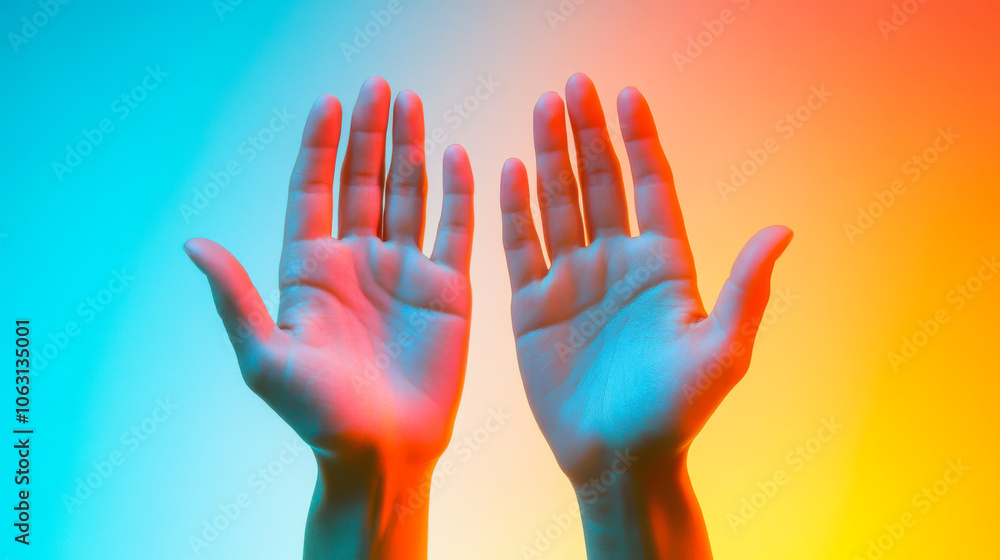 Hands raised against a gradient background with a blend of warm and cool colors to evoke a sense of expression and emotion Hands raised against a gradient background with a blend of warm and cool colors to evoke a sense of expression and emotion
