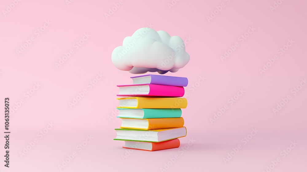 A stack of colorful books with a white cloud floating above them on a pink background. A stack of colorful books with a white cloud floating above them on a pink background.