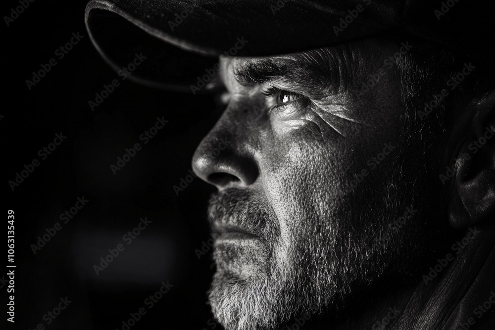 A striking black and white portrait of a miner in deep thought, his eyes fixed on the distance, embodying human resilience and introspection in a timeless manner. A striking black and white portrait of a miner in deep thought, his eyes fixed on the distance, embodying human resilience and introspection in a timeless manner.