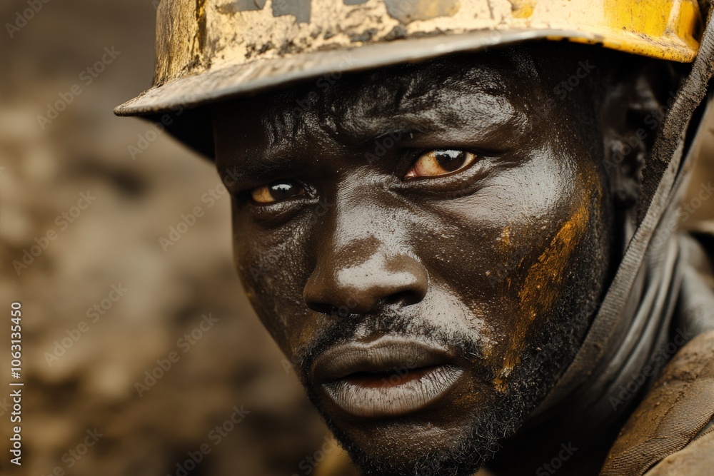 A determined miner, his face coated in soot, wears a yellow helmet, symbolizing resilience and perseverance amid the physically demanding environment of mining. A determined miner, his face coated in soot, wears a yellow helmet, symbolizing resilience and perseverance amid the physically demanding environment of mining.