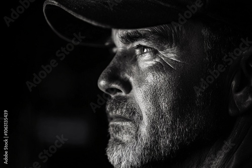 A striking black and white portrait of a miner in deep thought, his eyes fixed on the distance, embodying human resilience and introspection in a timeless manner.