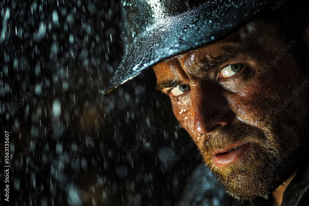 The determination in a miner's eyes is evident as raindrops stream down his muddy face, symbolizing resilience and tenacity against a harsh environment. The determination in a miner's eyes is evident as raindrops stream down his muddy face, symbolizing resilience and tenacity against a harsh environment.