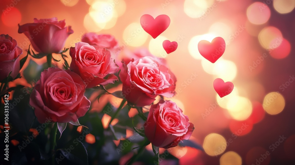 A bouquet of roses in full bloom with soft, glowing hearts A bouquet of roses in full bloom with soft, glowing hearts