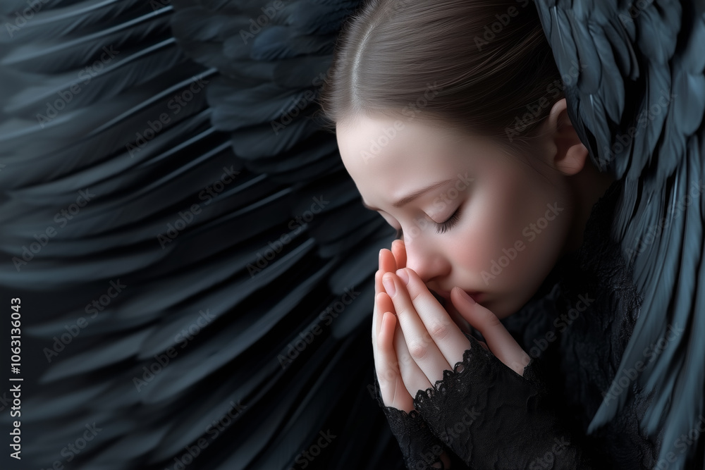 Fototapeta premium Young girl in dark attire with angel wings expressing deep emotion in a solemn pose