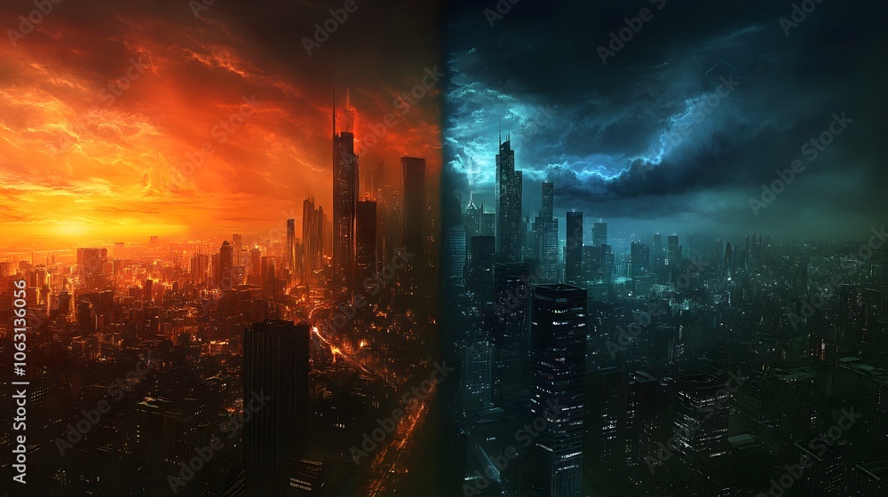 A dramatic cityscape split between fiery sunset and ominous storm, showcasing contrasting atmospheres and urban structures. A dramatic cityscape split between fiery sunset and ominous storm, showcasing contrasting atmospheres and urban structures.
