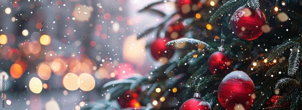 Christmas tree with red ornaments and falling snow Christmas tree with red ornaments and falling snow