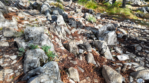 Rocky terrain with scattered stones and patches of grass, representing hiking challenges and outdoor adventure in natural landscapes