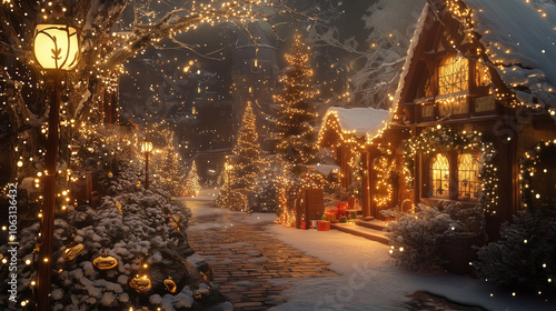 Christmas card with cozy Сhristmas scene and mood, festive holiday atmosphere. Winter  street with cozy houses and trees covered with snow and decorated with lights for seasonal greetings, decor