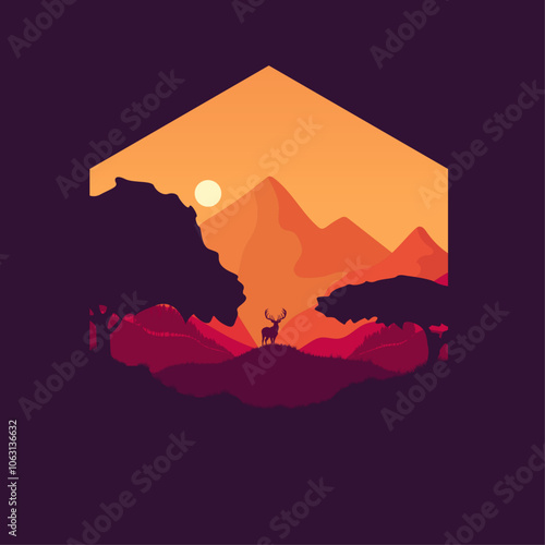 landscape vector illustration of a deer looking at the sky in the afternoon on a grassy field