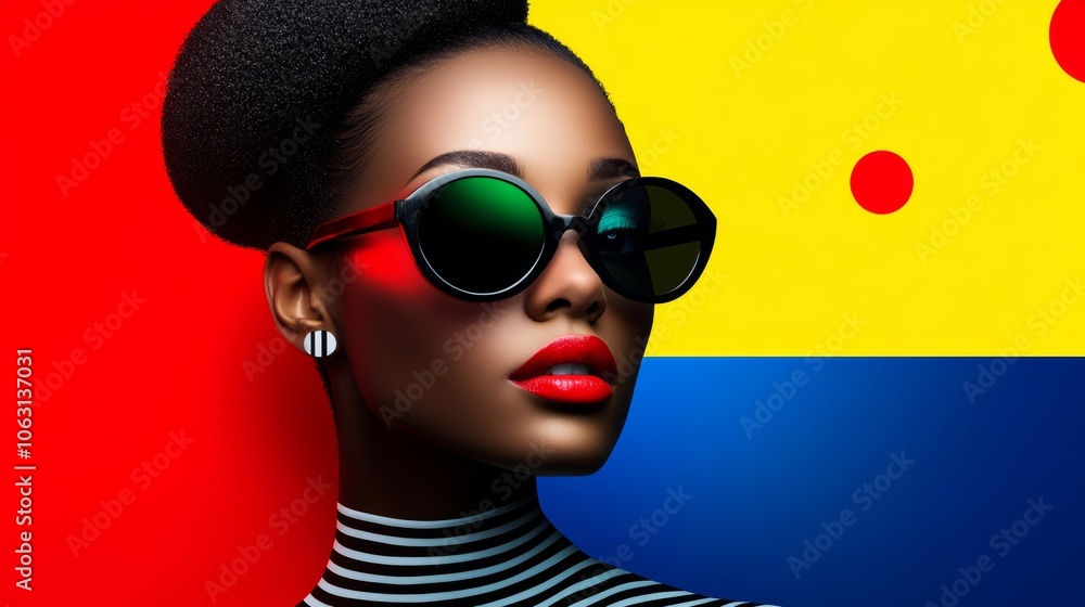 Woman wearing sunglasses and red lipstick stands in front of a colorful background. Concept of style and confidence, as the woman is dressed in a bold and fashionable outfit Woman wearing sunglasses and red lipstick stands in front of a colorful background. Concept of style and confidence, as the woman is dressed in a bold and fashionable outfit