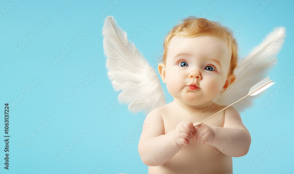 Fototapeta premium Cute baby with angel wings holds a small arrow against a light blue background