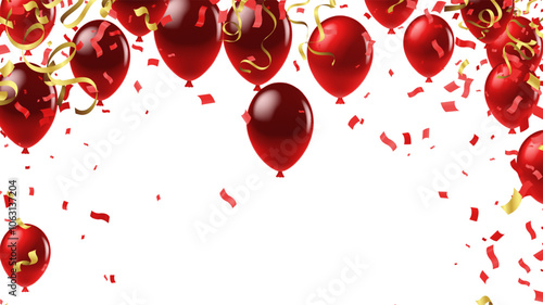 red balloons with confetti on white background. Vector illustration.