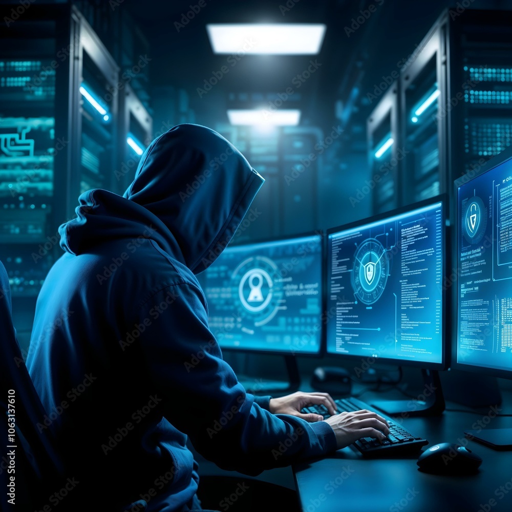 hacker with hoodie working on a computer at a desk, a person working on a computer with multiple screens displaying various data visualizations and complex coding software hacker with hoodie working on a computer at a desk, a person working on a computer with multiple screens displaying various data visualizations and complex coding software