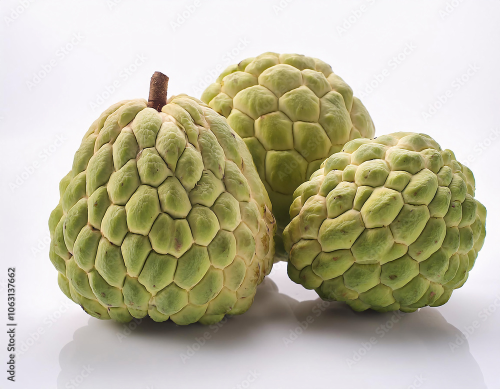 Three green custard apples with a unique textured skin Three green custard apples with a unique textured skin