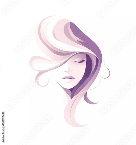 Logo design, a vector graphic of a woman's face with hair flowing in the wind, simple and minimalistic, on a white background with purple pastel colors and abstract shapes.