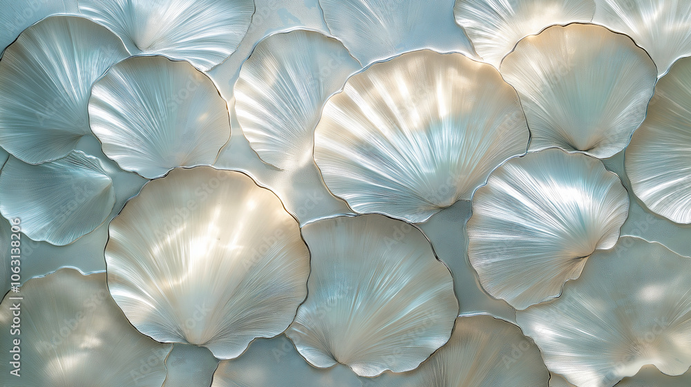 Iridescent seashell arrangement with soft blue and pearl tones on textured background. Minimal background for design. Stylish copy space Iridescent seashell arrangement with soft blue and pearl tones on textured background. Minimal background for design. Stylish copy space