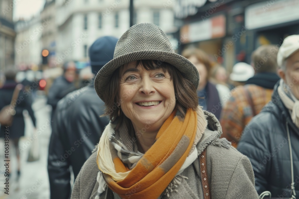 Portrait of smiling middle-aged woman in hat and scarf on city street Portrait of smiling middle-aged woman in hat and scarf on city street