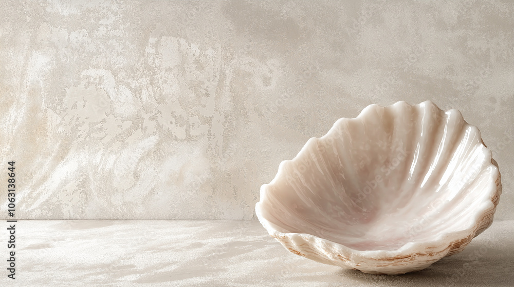 Elegant ceramic shell-shaped bowl with soft beige textures on a neutral background. Minimal background for design. Stylish copy space Elegant ceramic shell-shaped bowl with soft beige textures on a neutral background. Minimal background for design. Stylish copy space