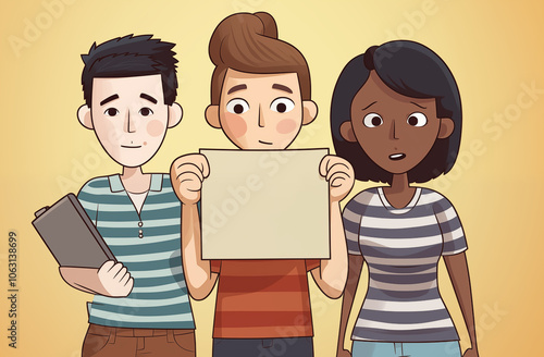 Three young people holding blank sign with yellow background