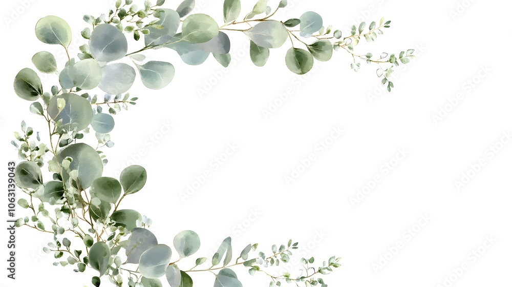 Obraz premium Minimalist watercolor eucalyptus wreath frame on a white background with soft, muted colors. This charming and simple design adds a natural and gentle touch to various projects, offering a cute style 